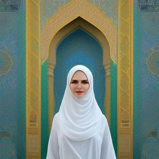 woman in flowing, white burka standing in front of a mosque with blue, green, gold mosaic walls, high-quality, fine-detail, intricate, ornate, volumetric lighting, 8k resolution, haunting, powerful, photo-realistic, high-quality