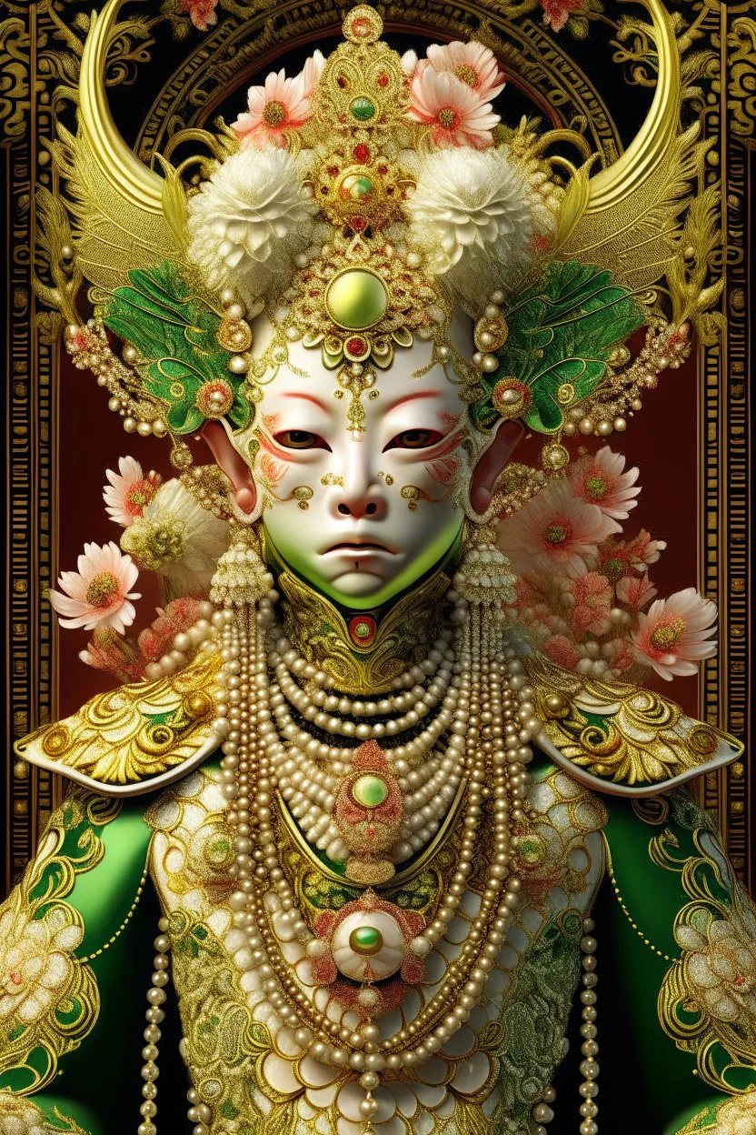 Beautiful Gecho green light pink and orange, Golden dust gradient and gold King front wiev textured detailes skin, portrait, wearing rococo style with hate adorned with white spiders, beads, gold dust pearls organic bio spinal ribbed detail of rococo floral, white and gold wicked background extremely detailed, athmoshpheric, hyperrealistic maximál