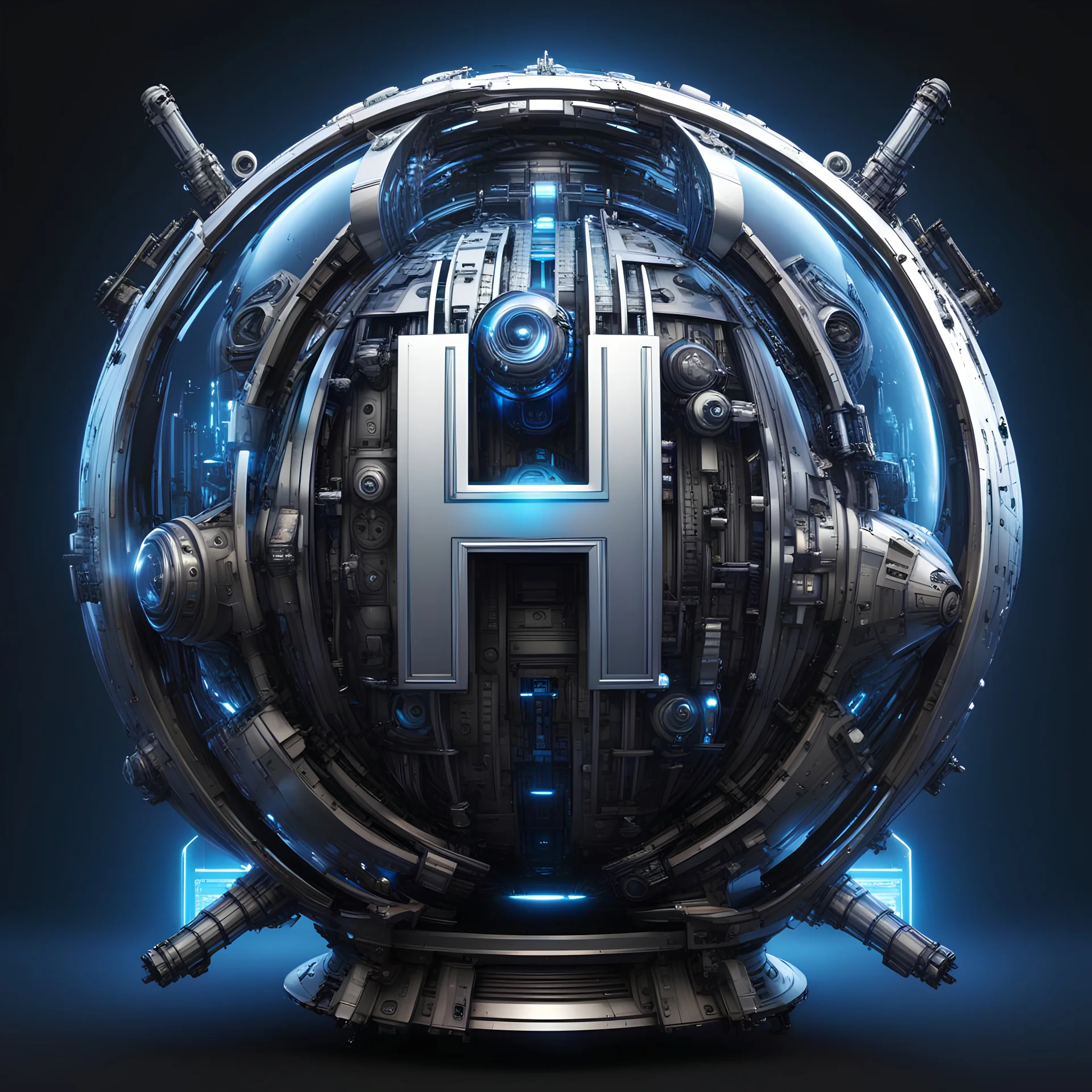 create me a large, centered letter H encased in a thin round, ornate black and chrome globe. gunmetal accents can be used. mechanical futuristic space cyberpunk style. extra electrical and pneumatic details, robot arms, laserguns. warp core, plasma couplings, the side of a spaceship. blue lights. background should be black. make the H big. It stands out by lighting and golden fringes. It's like the main symbol of a great space empire.