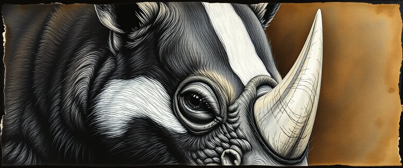 airbrush and pen outline, close up on rhino badger , pinhole cam, airbrush 3d rendering, in the style of Titian and Rembrandt , torn edges on border