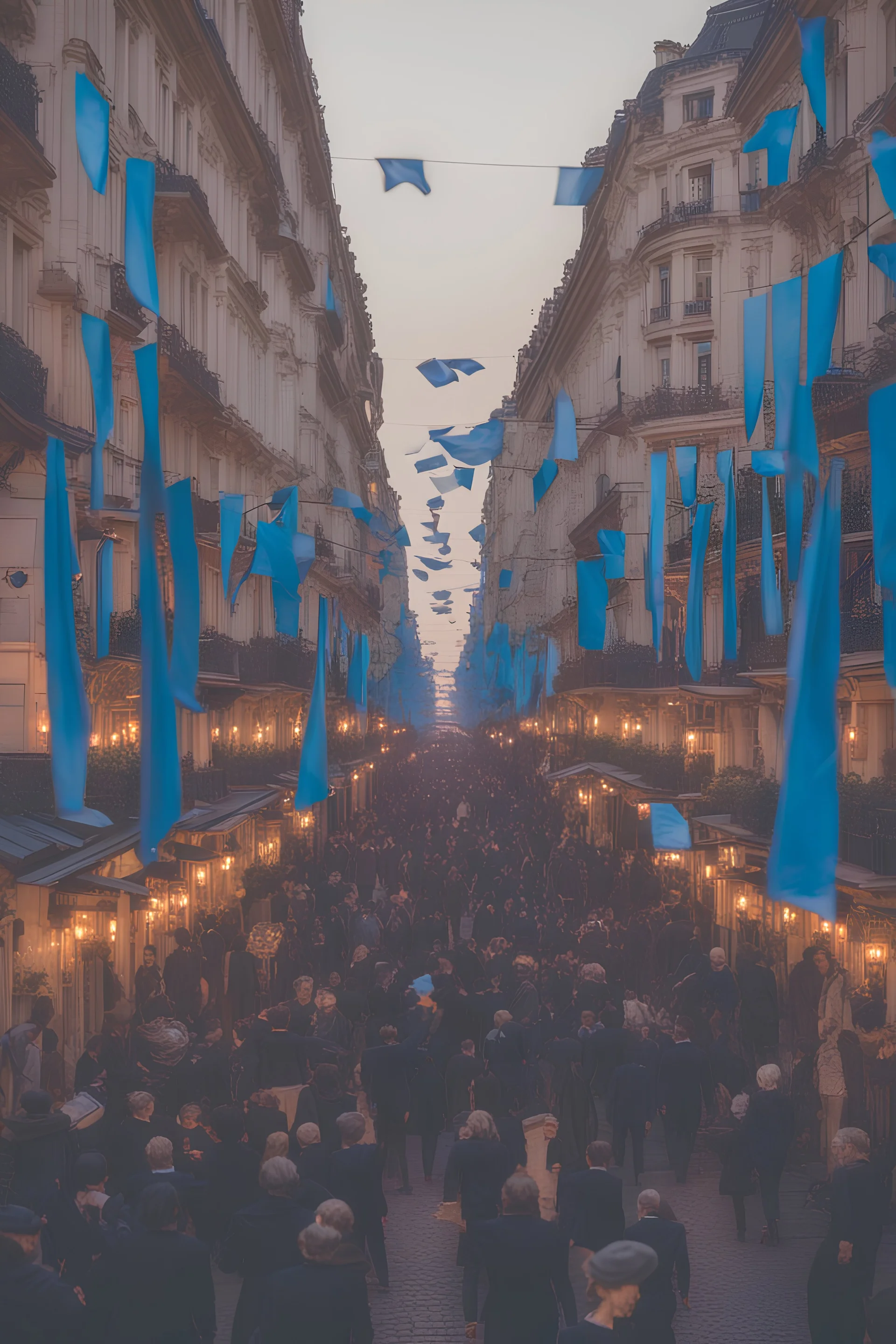 A full street in a big city with frech style building. The street is filled with blue flags held by people late at night