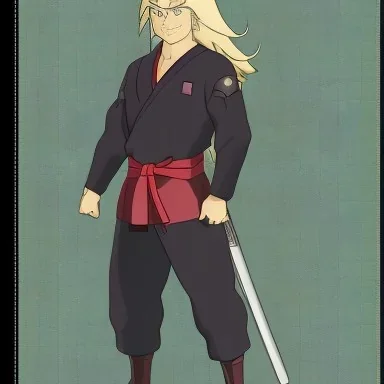 blond ninja man with katana in black suit