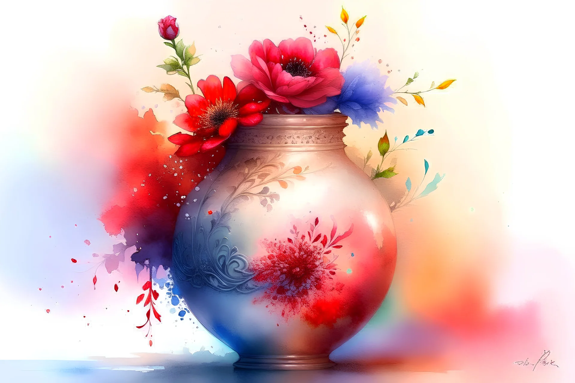 watercolor draw a vase, aztec with flowers, white lace and rubies, white background, Trending on Artstation, {creative commons}, fanart, AIart, {Woolitize}, by Charlie Bowater, Illustration