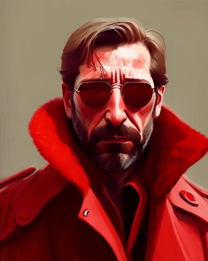 a man who looks like hans gruber wearing a trench coat and red sunglasses staring with a judgmental look on his face