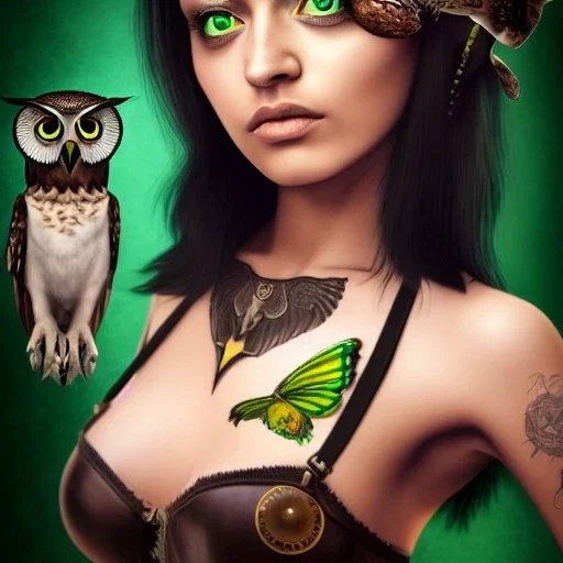 hyper realistic, young cute girl, short black air, green eyes, with owl, batterfly tatoo, dressed a steampunk pirate, bra with carved leather, Caravelle ships in background. salvador dalì style. high details, thunderstorm. 4k, unreal engine Upscale PRO hyper realistic, young small cute girl, short black air, green eyes, with owl tatoo, dressed a steampunk pirate, bra with carved leather, Tintoretto ships in background. salvador dalì style. high details, 4k, unreal engine