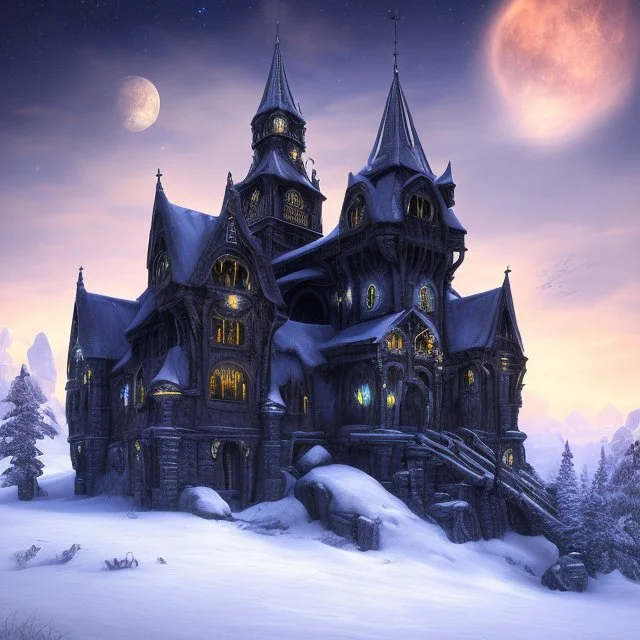 nightsky, blue, black, fields, abandoned buildings, ruins, cottage, gothic castle, metal, gold,