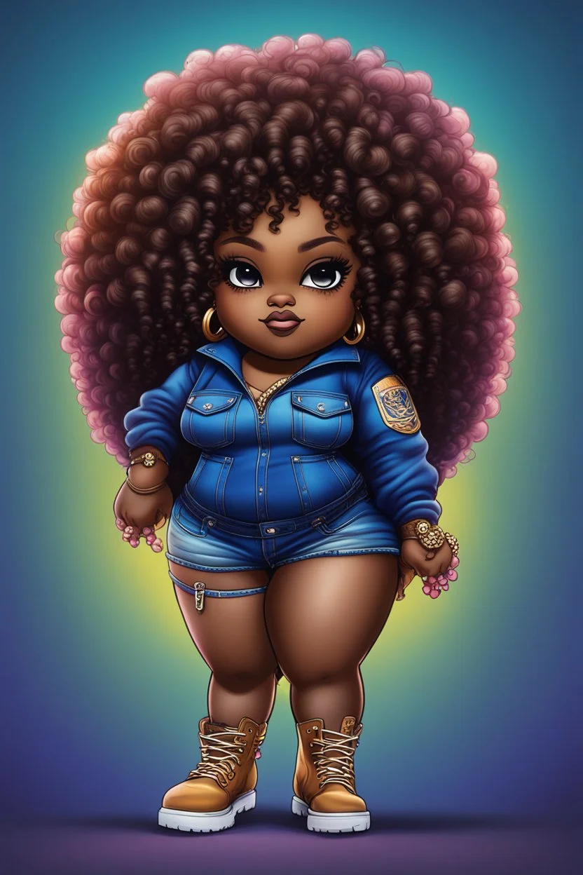 vibrant psychedelic pop punk image, airbrush, 48k, cartoon art image of a plus size chibi dark skinned Black female wearing a sapphire blue jean outfit with timberland boots. Prominent make up with brown eyes and lush lashes. Highly detailed tight curly ombre afro