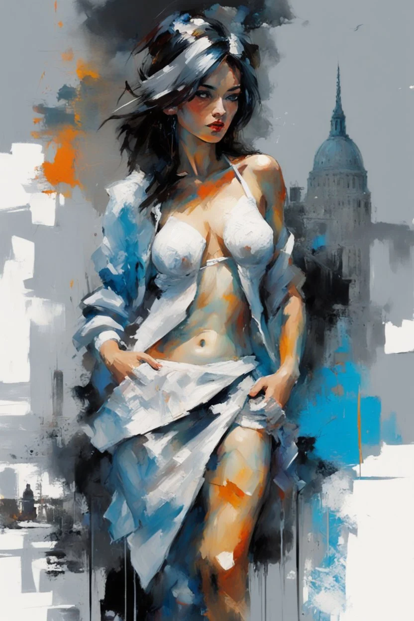 a anime painting: nake woman , gray-black-white-blue colors New York. Willem Haenraets artistic style, Derek Gores, Highly Detailed, Afremov, colorful in Kal Gajoum style