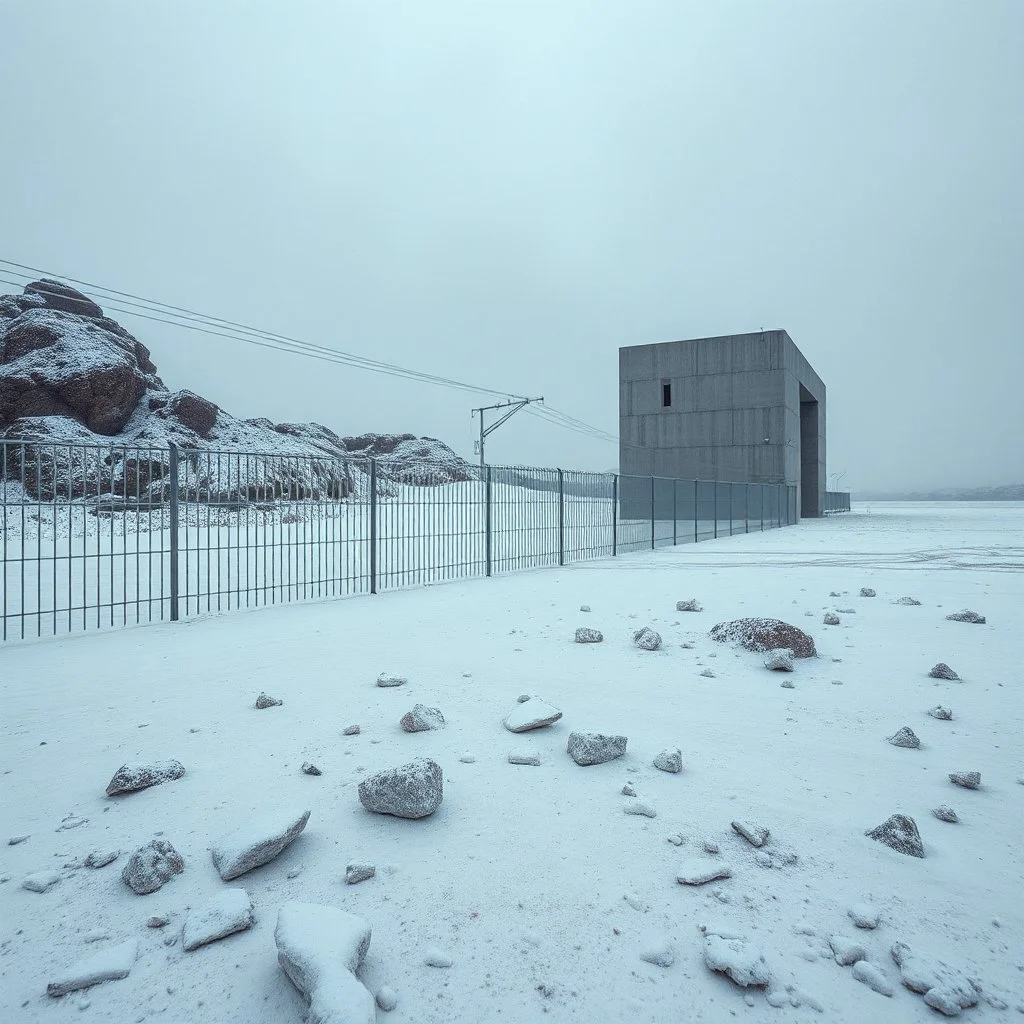 Photograph, wasteland, reflective aluminum fence, Truman show, brutalist concrete architecture, rocce, grey sky, winter, liquid, polvere, red spot, open air museum style, wires, apparecchi elettronici, powder, minimalist, details of the dust very accentuated, deep 3d field