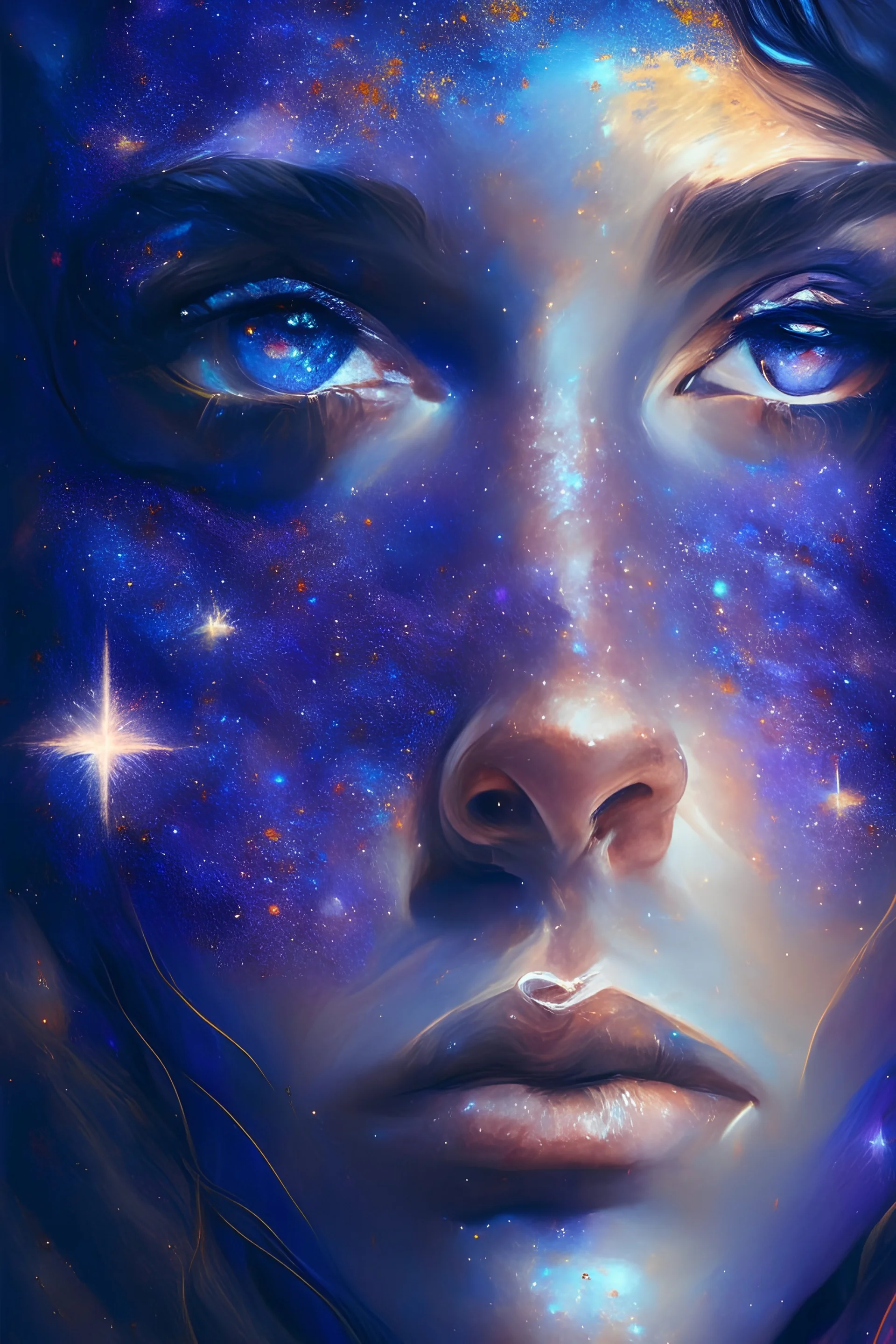 A mesmerizing portrait of a person with eyes that appear to contain galaxies within them, using a rich color palette of blues, purples, and golds, with delicate brushstrokes and glimmers of starlight to emphasize the cosmic beauty of their gaze.