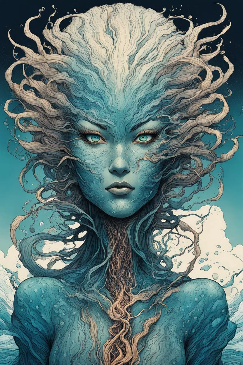 front facing illustration of a shape shifting female Funayurei water spirit with highly detailed facial features and skin textures, in the style of Alex Pardee , Jean Giraud Moebius, and Katsushika Hokusai, highly detailed, boldly inked, deep murky aquatic color