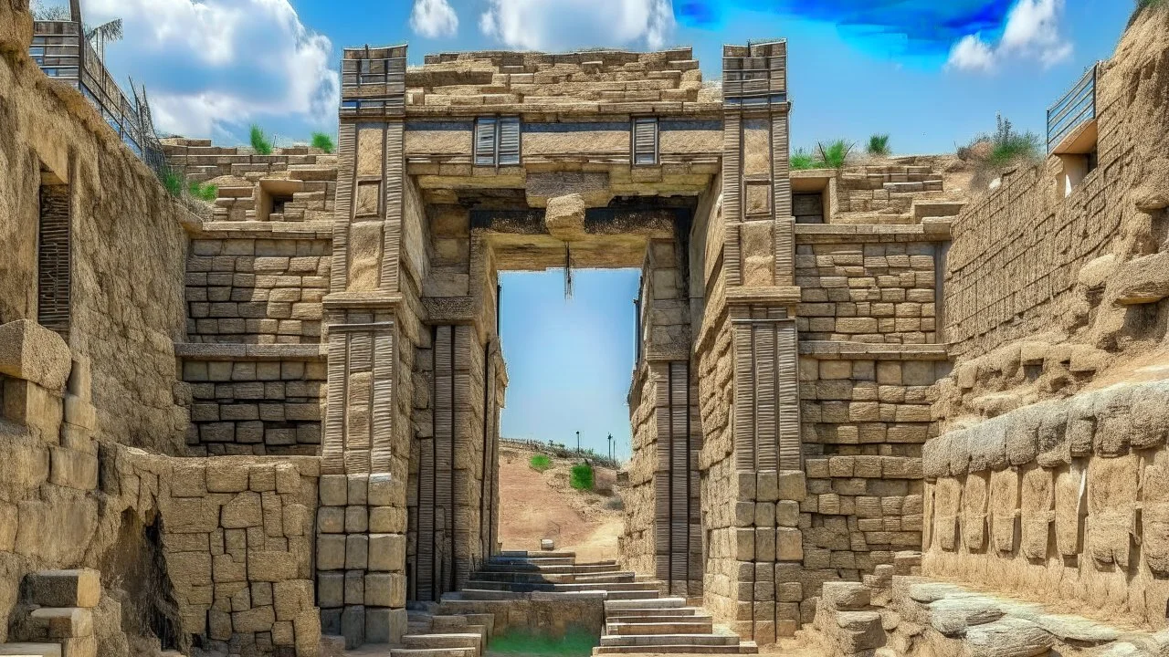 An ancient Phoenician city with a large gate , down view