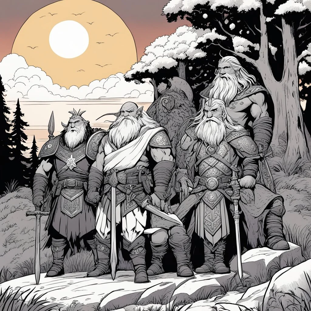 [comics Head Lopper style by Andrew MacLean] At the crest of the hill, under the watchful gaze of the setting sun, a motley crew of courageous souls stands assembled. The short bald dwarf healer, his weathered features etched with ancient knowledge, surveys the group with a keen eye. Beside him, the female Elf radiates an aura of forest magic, her eyes alight with the wisdom of the natural world. Opposite the Elf, the female thief from the dark city moves with a grace born of shadows, her pres