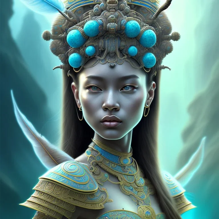 Sango fantasy, fantasy magic, intricate, sharp focus, illustration, highly detailed, digital painting, concept art, matte, art germ and Paul Lewin and Kehinde Wiley, masterpiece Mayan princess dancer head bronze feather's' Asian Latin girl nice breast Thai hair turquoise silver blue under water