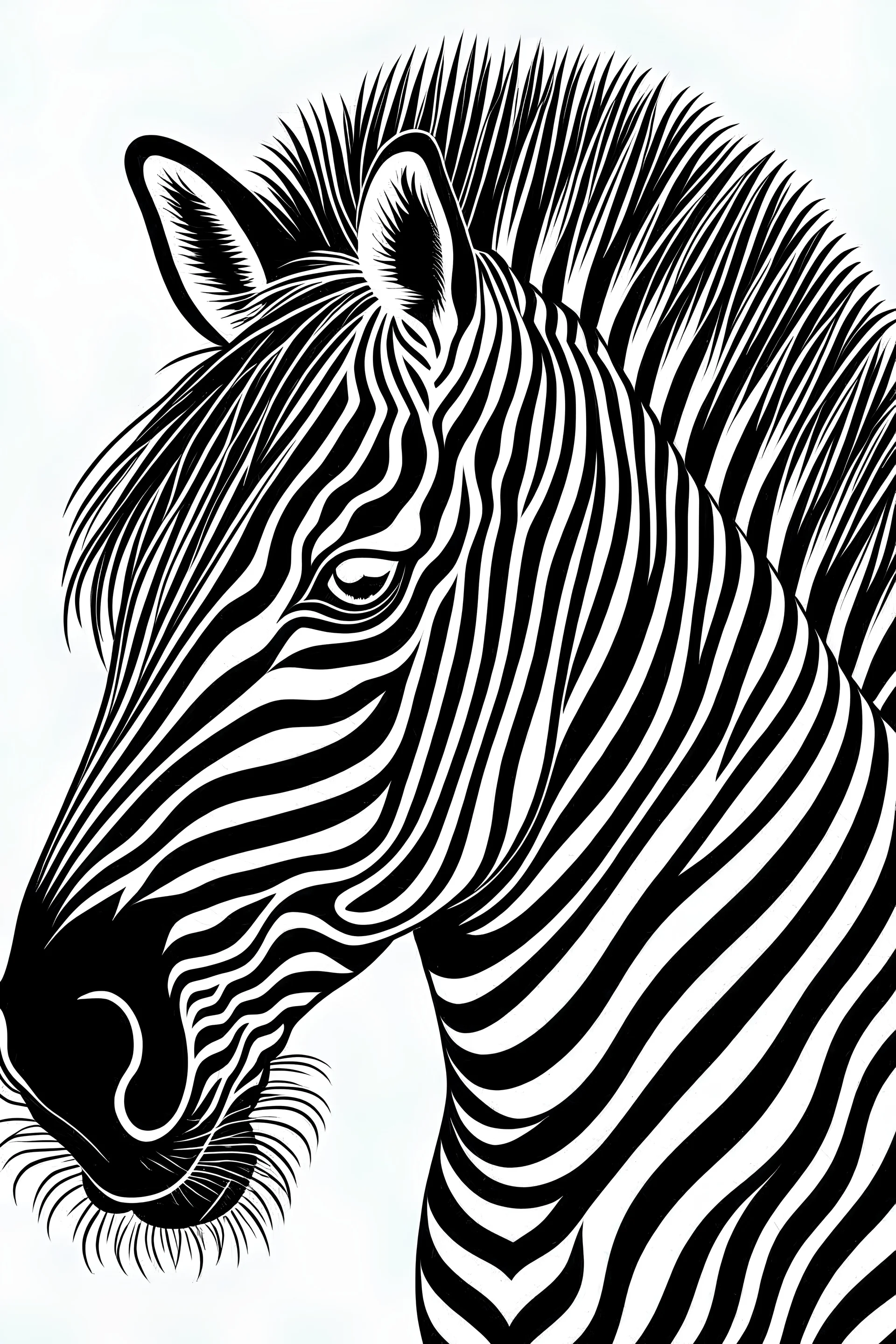 zebra. centered flat minimalistic black and white high contrast line drawing, coloring book style, {prompt}, (white sky, white clouds, white hair, white objects, white clothing, white fur, white skin, white terrain, white scales, white everything:1.1), blank white background.