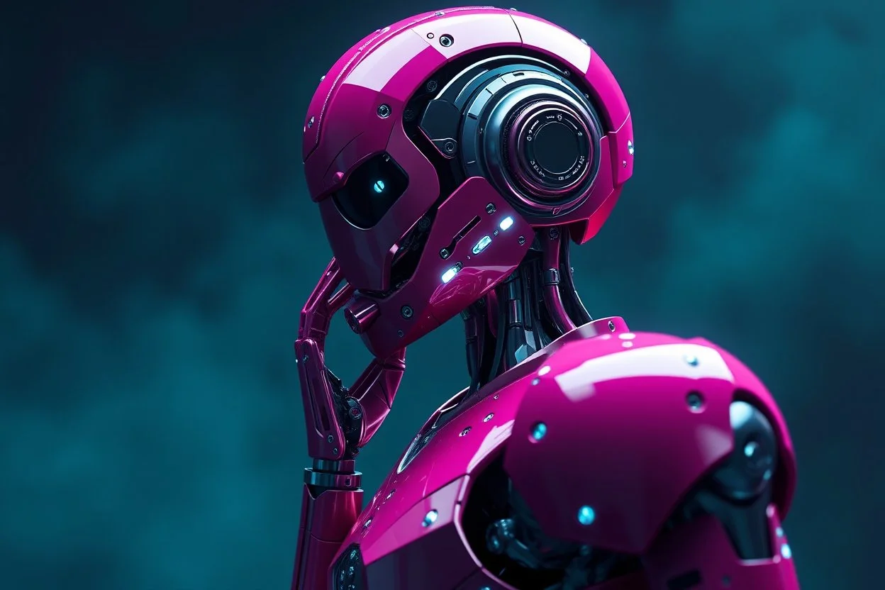 Hyper-realistic 3D surreal digital painting of a magenta humanoid droid mechanic, highly detailed mechanical body with intricate joints and polished metallic surfaces, elegant futuristic design, diamond-like crystalline accents embedded in the armor, standing in a rich deep teal atmospheric background, cinematic lighting, soft volumetric glow, shallow depth of field, dreamlike surreal composition, ultra-detailed textures, physically based rendering, high-end concept art style, perfect anatomy an