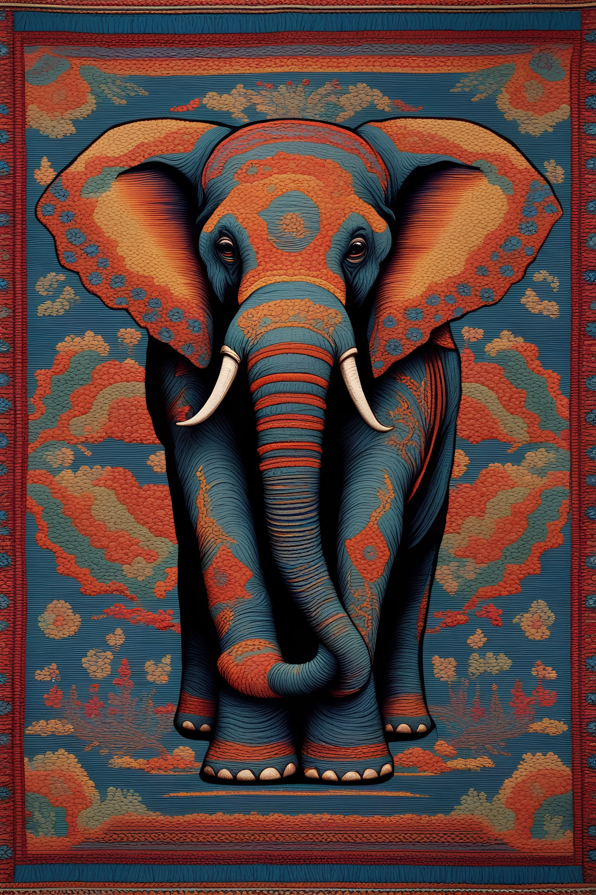 A beautifully woven (((tapestry))), intricate details and patterns representing (((elephant))) in vivid colors, creating a kaleidoscopic tableau