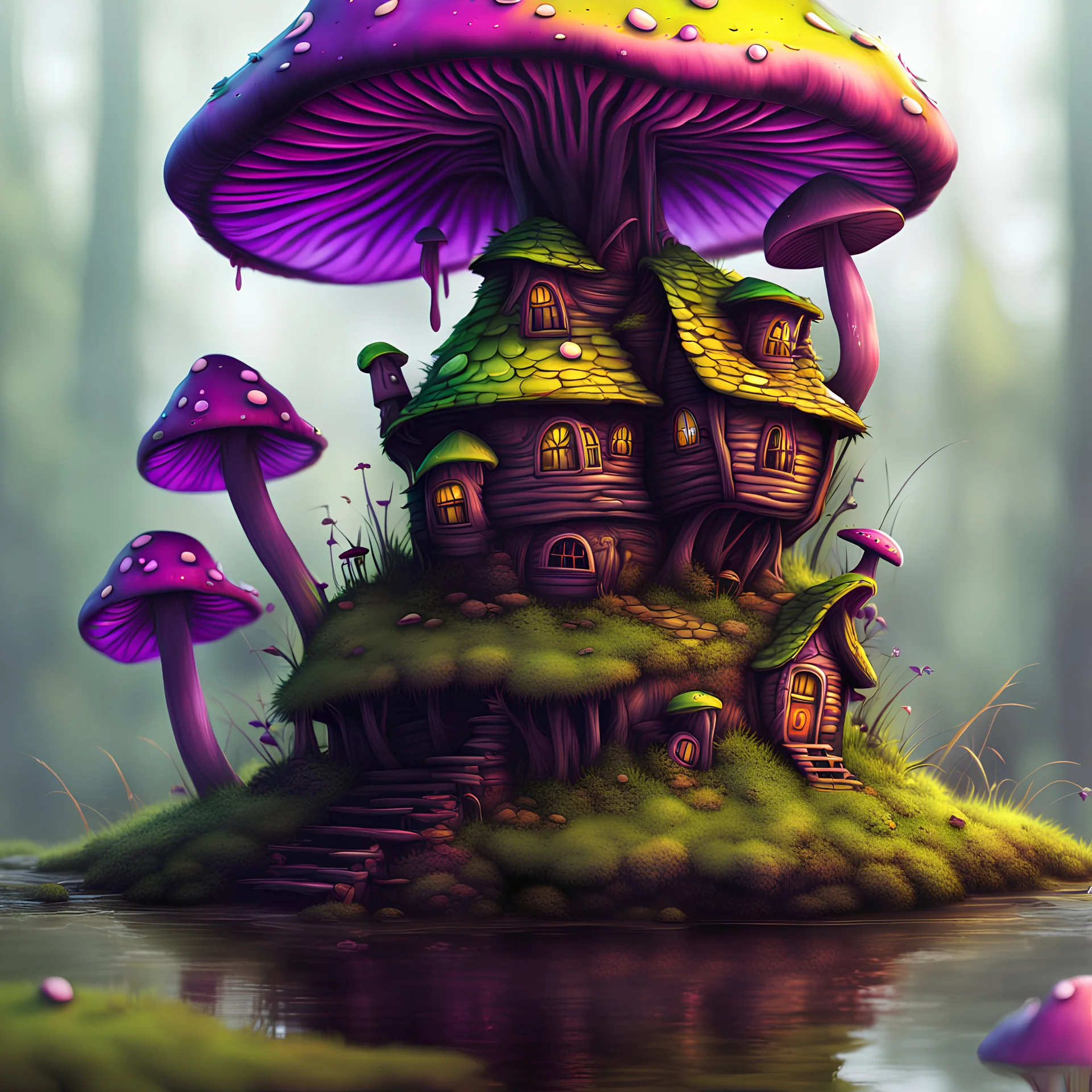 A weird mushroom house with drippy spots and eyeballs on a floating island. black green yellow purple Detailed gloss Painting, rich color, fantastical, intricate detail, splash screen, hyperdetailed, insane depth, concept art, 8k resolution, trendi