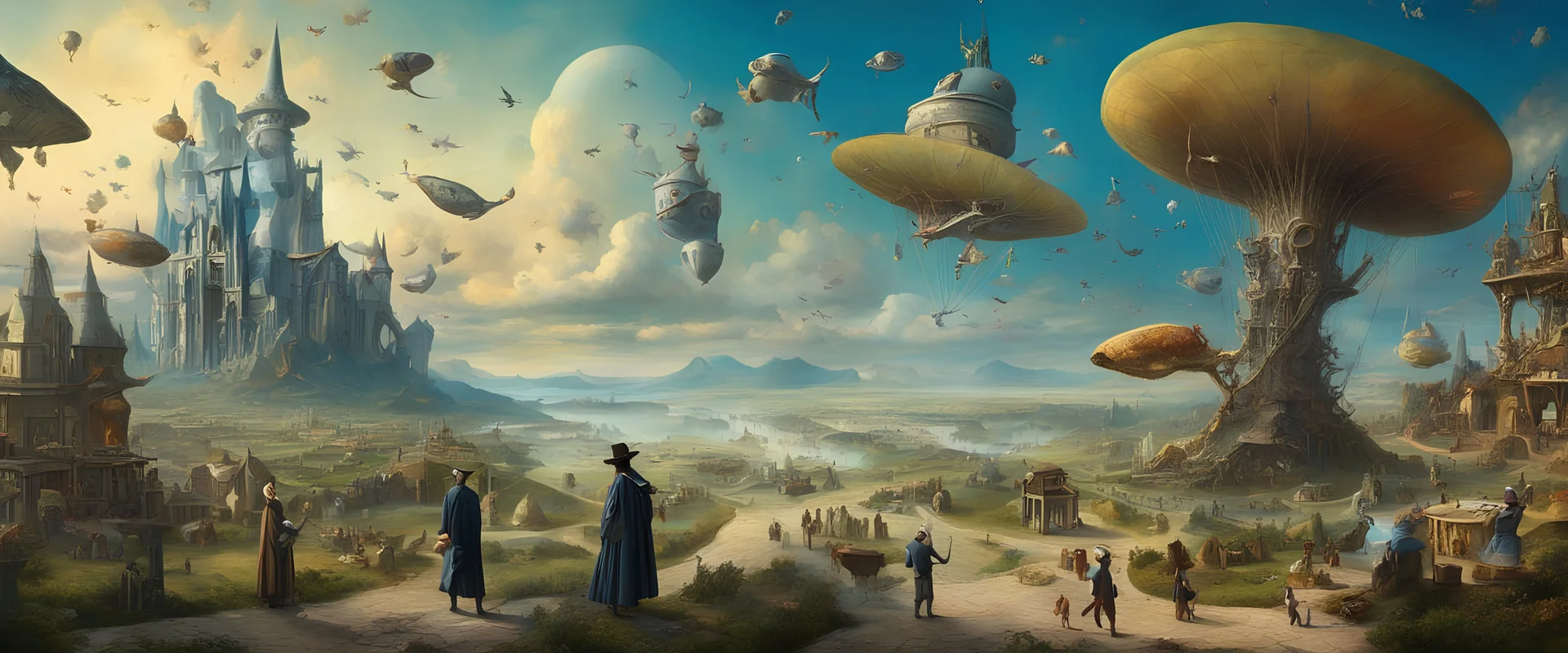 Salvador Dali & Hieronymus Bosch greet each other at an outdoor surrealist market. A flock of dream-like sky-fish fly high in the far distant sky, with a beautiful surreal outdoor countryside summer scene with hills, interesting dwellings, pathways, stairways, waterfalls, & an intricate fractal sky, very high detail, photorealistic, epic cinematic, 8K, Large depth of field