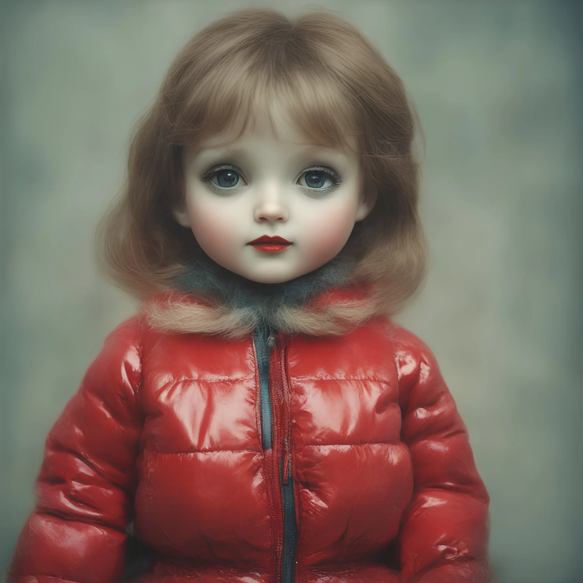 Annabelle doll, red, autochrome, plastic puffy jacket