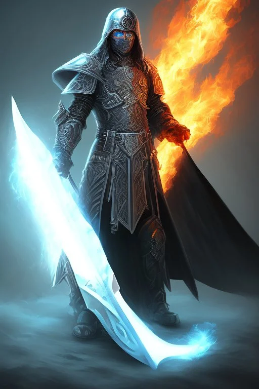 A warrior with a matte black combat helmet and eyes with bright blue flaming pupils, a black cape and a long coat with long combat boots and a long, sharp and fiery spear and with his helmet under his cape and two blue flames instead of eyes