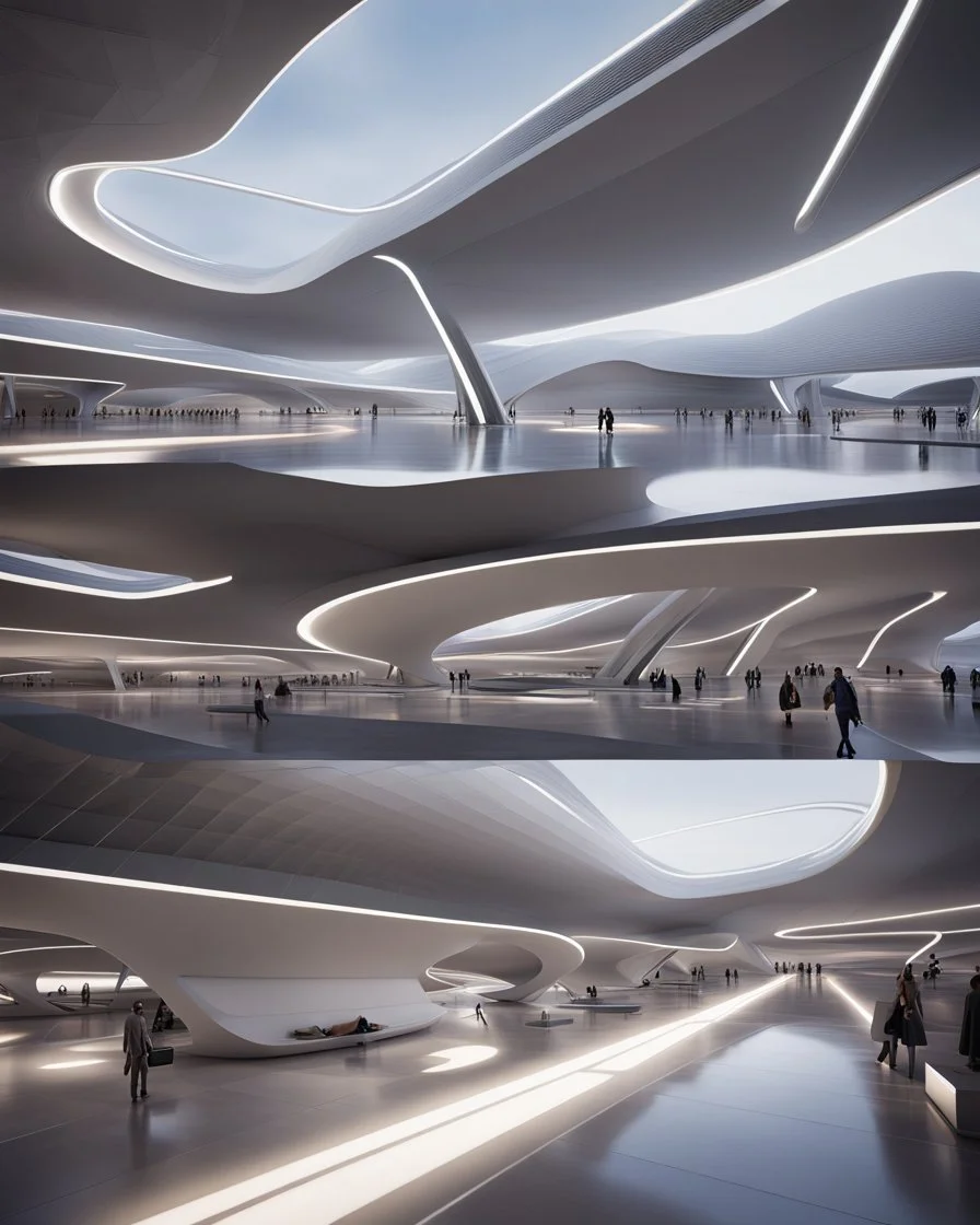 Zaha Hadid style international airport, unreal engine 5, concept art, art station, ray tracing, RTX, ultra detail, volumetric lighting, 3d