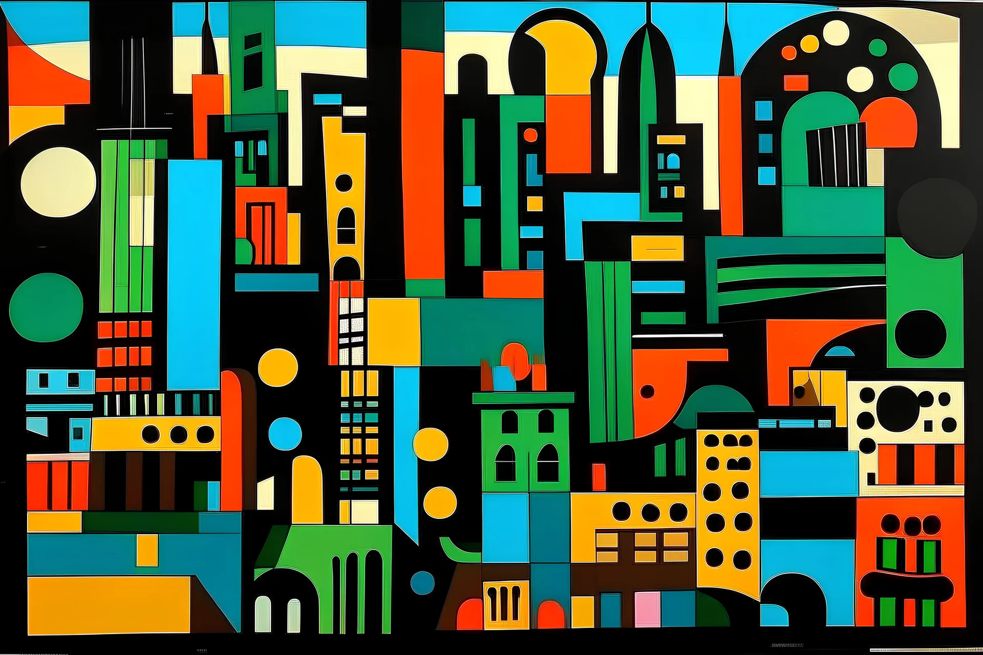 A city with dark circles painted by Stuart Davis