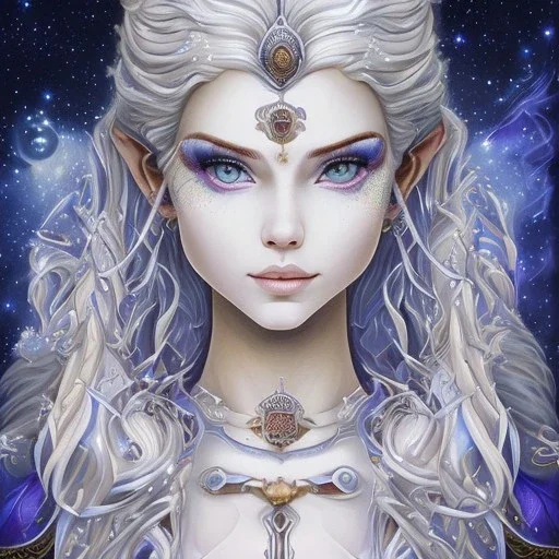 cosmic mage, elf, female, battle mage, epic, cosmic magic, long ears, white hair, face details, pale skin, jewellery, broad shoulders, sharp ears, cosmic clothes, cosmic eyes, ears shown, light out of eyes, the cosmos in eyes, stars in eyes, shining eyes, non human face, thin face, animation, detailed ears, magical eyes, non realistic, closed mouth, bigger make up