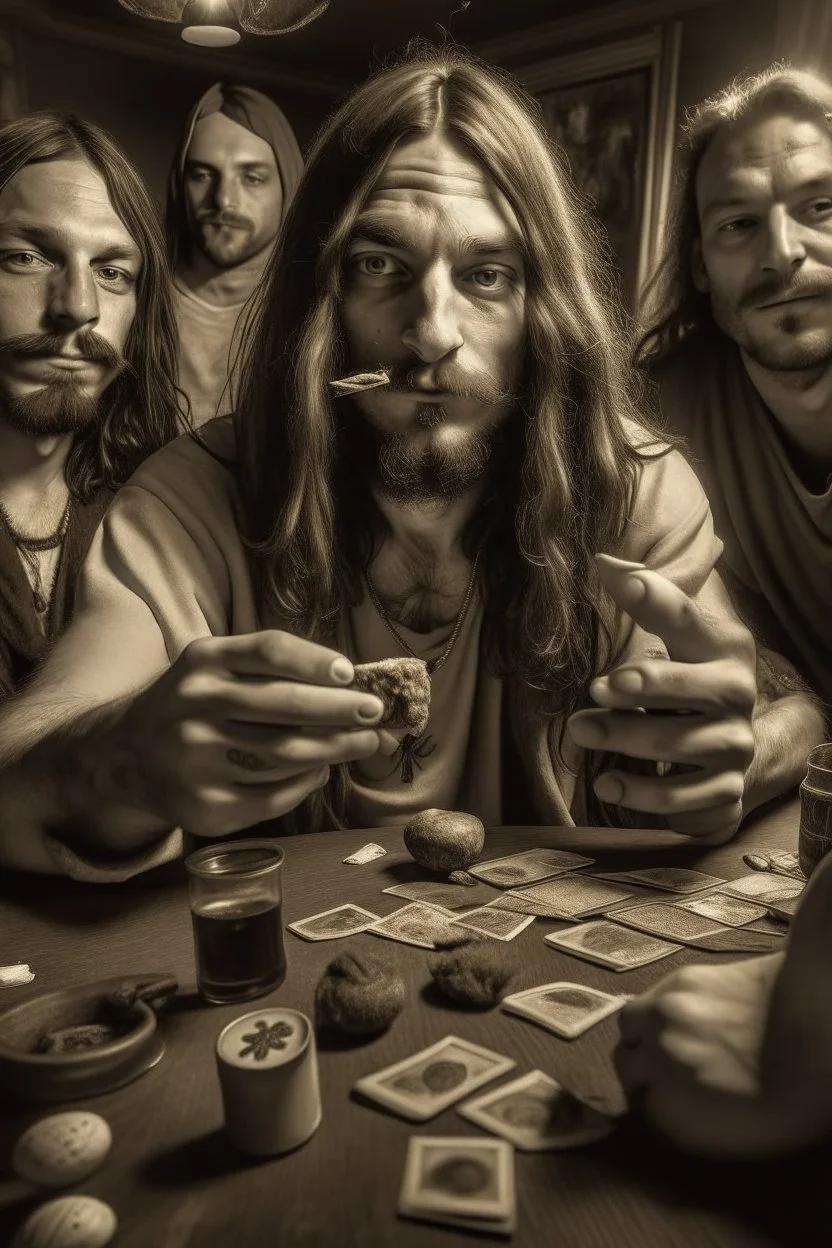 Jesus and some friends smoking and playing cards, davinci. Surreal. Agony face, smile, pain scream. Fish eye lense camera. Perfect composition.