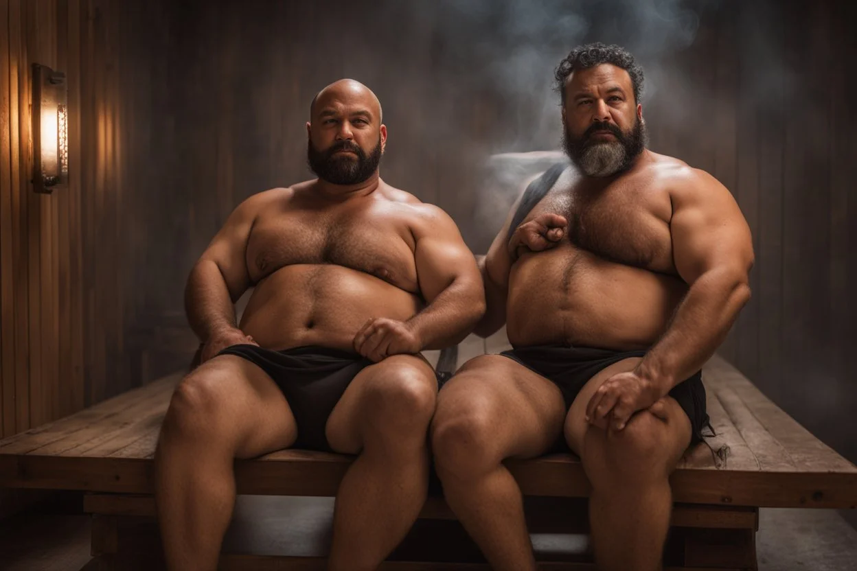 full body shot photography, two muscular chubby ugly burly marocan men , sweat, bulge, masculine hairy 43 year old man, curly hair, manly chest, curly beard ,big shoulders, big arms, big legs, bulge,, ambient occlusion , lying down sleeping in a steamy Sauna, super high resolution, 8k, dim light, side light, ultra hyper realistic, frontal view