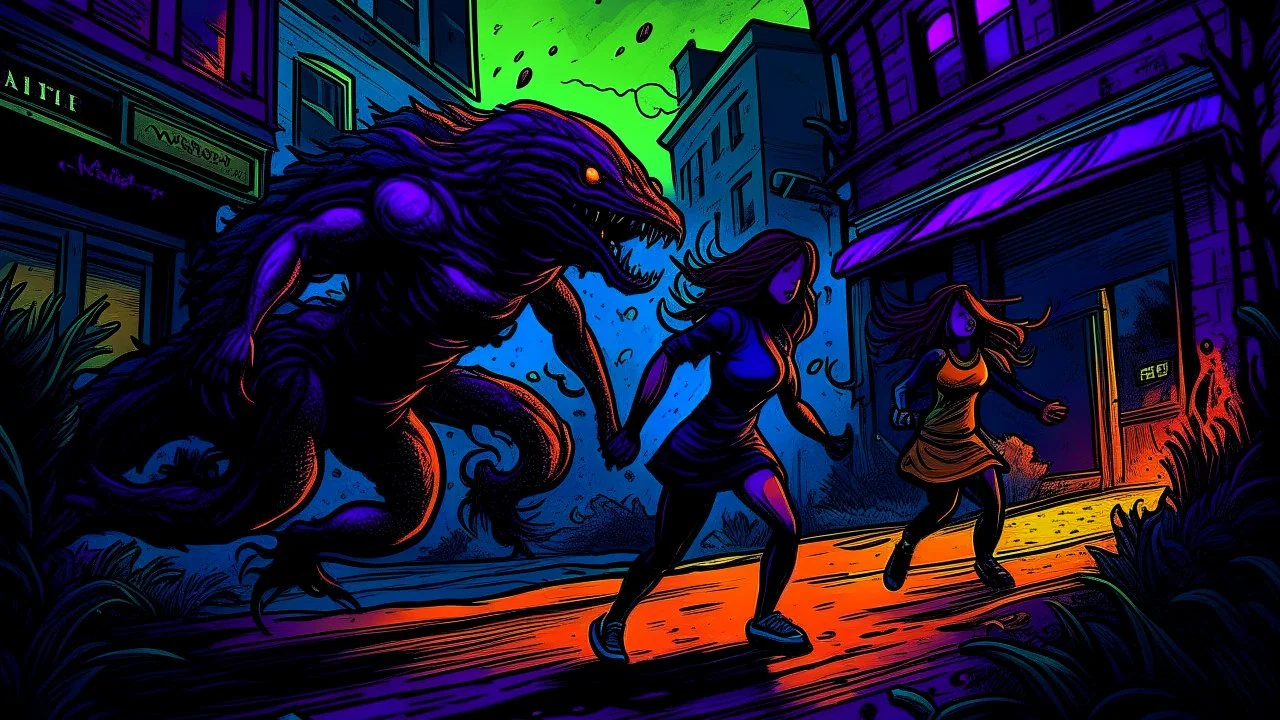 Creatures from 'Fiend without a face' chasing a woman down a street, detailed design, deep colour