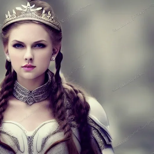 beautiful young queen with white armor, delicate white braided hair with ponytail, glass eyes, highly detailed, 8k, ambient light, taylor swift