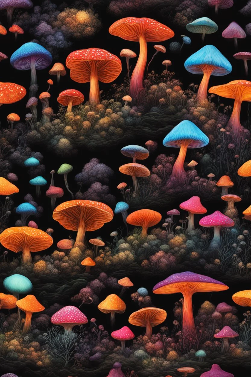 diseased Flora and fauna at thepsychedelic diseased colourful mushrooms and fungi growing from black oil with a black background in the multiverse, with alien insects flying End of the Multiverse rising from a black liquid surface.