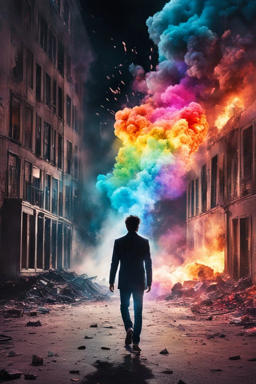 Young man walking away from a building that is exploding at night, with coloured auras all around him