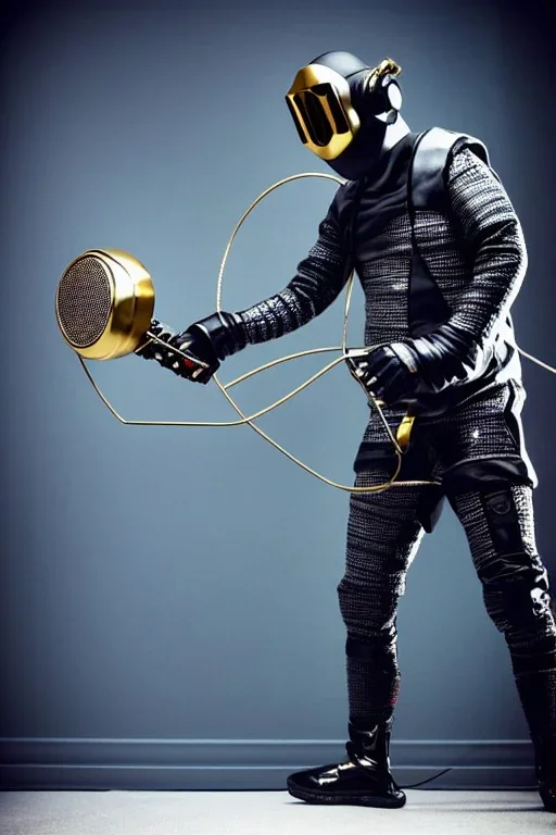 Metallic Cyber-punk style man with a web-camera-mask and old AKG-style headphones with golden rings. Fencing mask covers man's cheeks. Good body shape. Reflective plastic. Body and head full of integrated old-fashioned cameras. Ancient silver telephone attached to perfect body. Euclidean 3D-tiling, Escher tiling, background. Cables from shoulder, connect. Daft Punk, Matrix movie black leather jacket, tippet. Yellow latex areas in black leather surfaces body. 1990's. Trypophobia, small holes