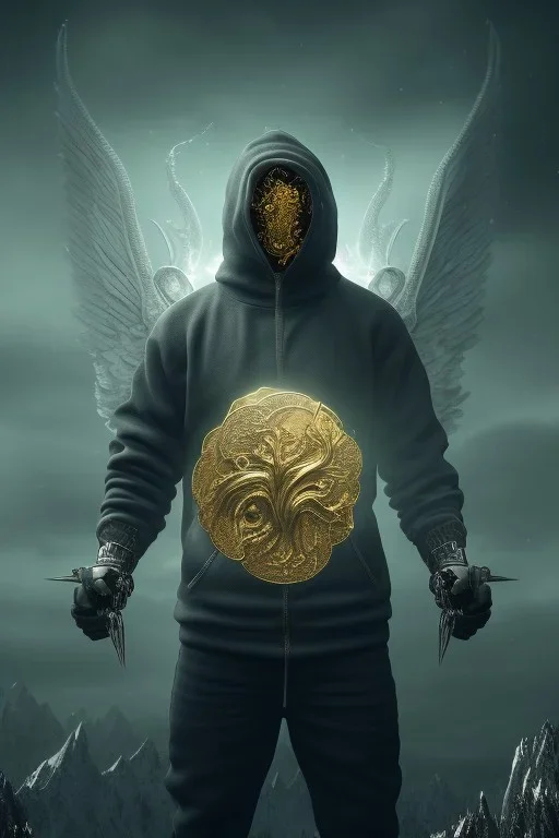 running berserker portrait , no face, black jogging suite , in the night Alps , holding coins , angels background, volumetric gold light, high detail, dark leaf tree, dark mountains in background, perfect, HR Giger style