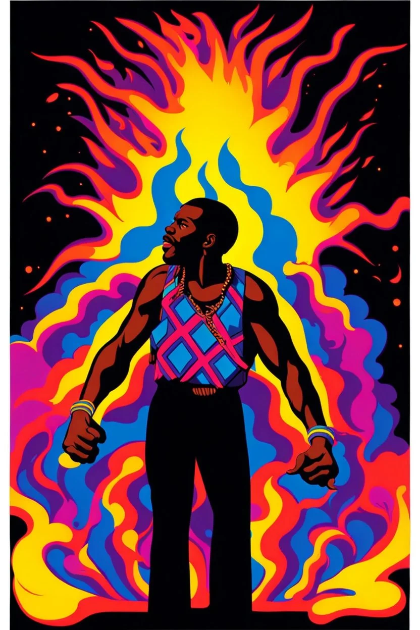 70s Black light poster design in the style of George Goode, featured “a black man rais[ing] his unshackled fist while the background bursts with fluorescent yellow flame.” neon fluorescent glow, psychedelic, bright, shimmering, fluorescent colors pop and sizzle, mystique, cosmic