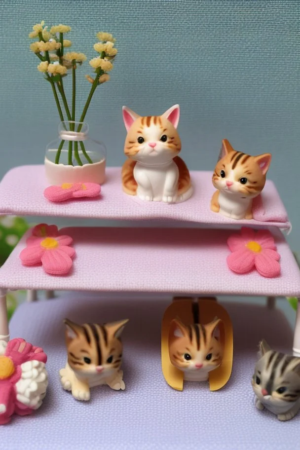 Sylvanian family cat and kitten hospital, hospital furniture, charts on beds, flowers in a vase on a table next to a bed