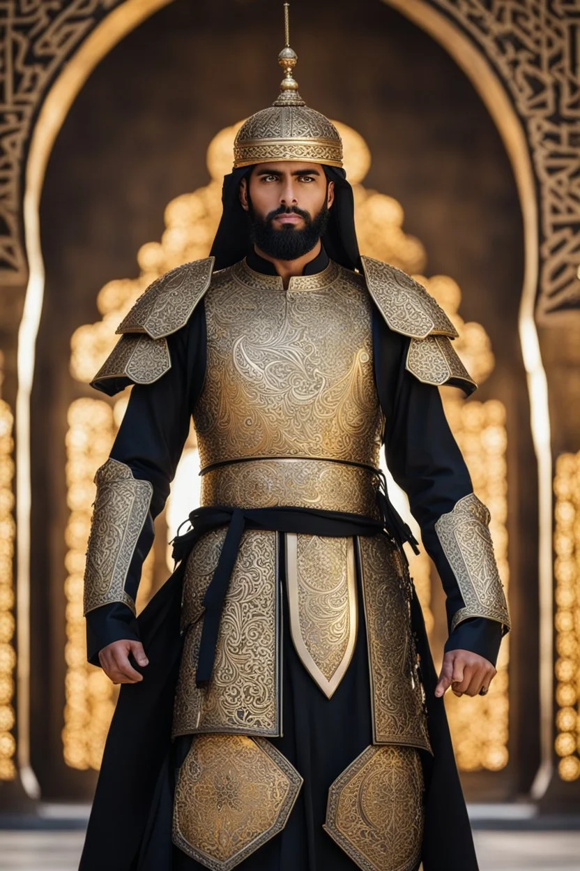 Full body photography,front_view,militan islamic looking at viewer,traditional dress ornaments mechanical_armor,intricate armor, delicate golden filigree, intricate filigree, black metalic parts, detailed part,desert background, dynamic lighting