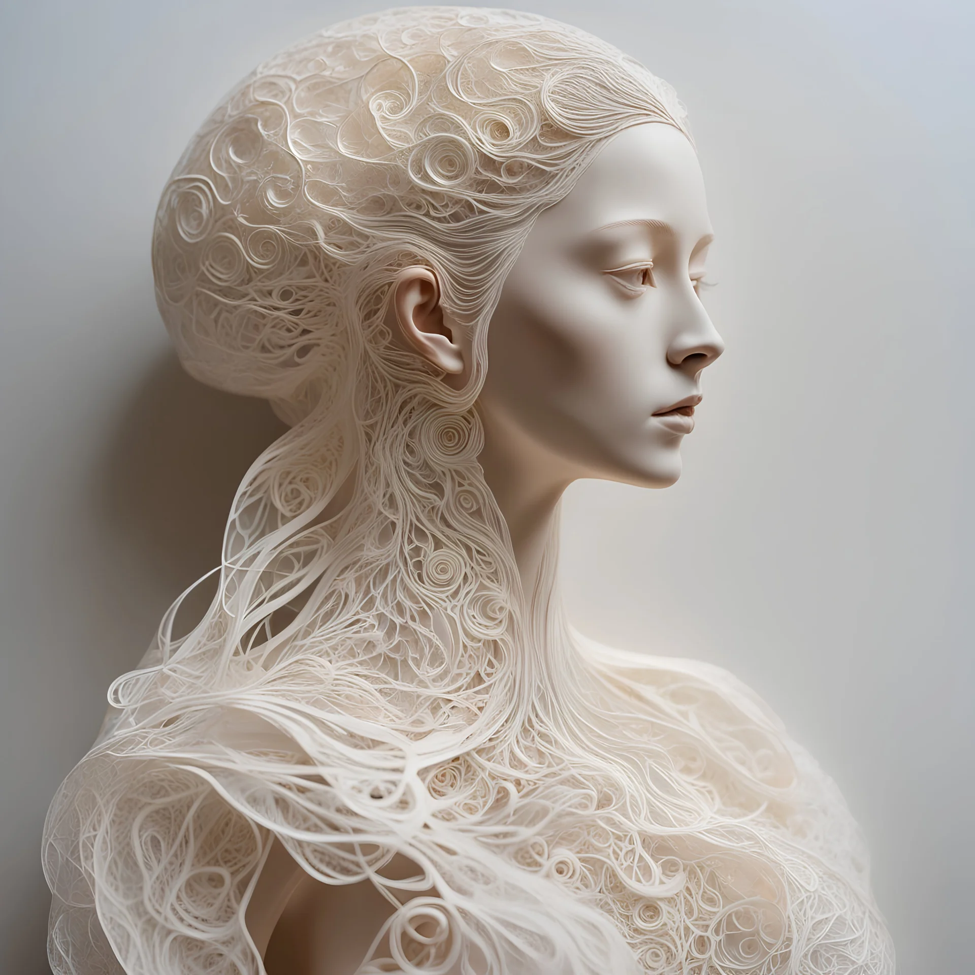 Fragile, very detailed, precise paper, thin paper art, filigree paper, slim figure, white open paper dress, futuristic version, transparent, invisible, hollow, beautiful paper anatomy, paper freckles, braided paper updo paper hair, Leonardo da Vinci, facing right, created from fine paper, curled white paper, shot with Sony Alpha a9 Il and Sony FE 200-600mm f/5.6-6.3 G OSS lens, natural ligh, hyper realistic photograph, ultra detailed -ar 1:1 —q 2 -s 750)