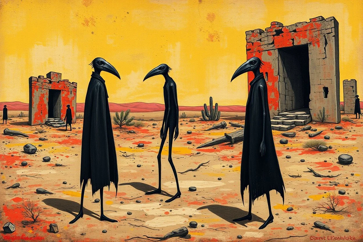 ong-legged surreal lean black-grey figures with beak-shaped heads in overcoat, profile, semi-silhouettes among ramshackle ruins in a barren landscape of red, yellow, black and beige colors, intricate acrylic painting