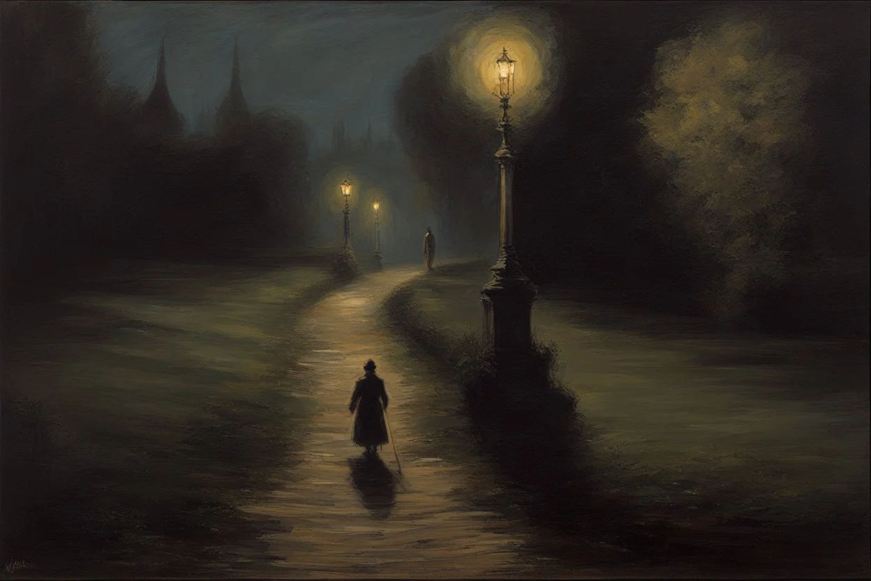 one person, pathway, night, dark gothic horror movies influence, disturbing, bernard van beek and alfred munnings impressionism paintings