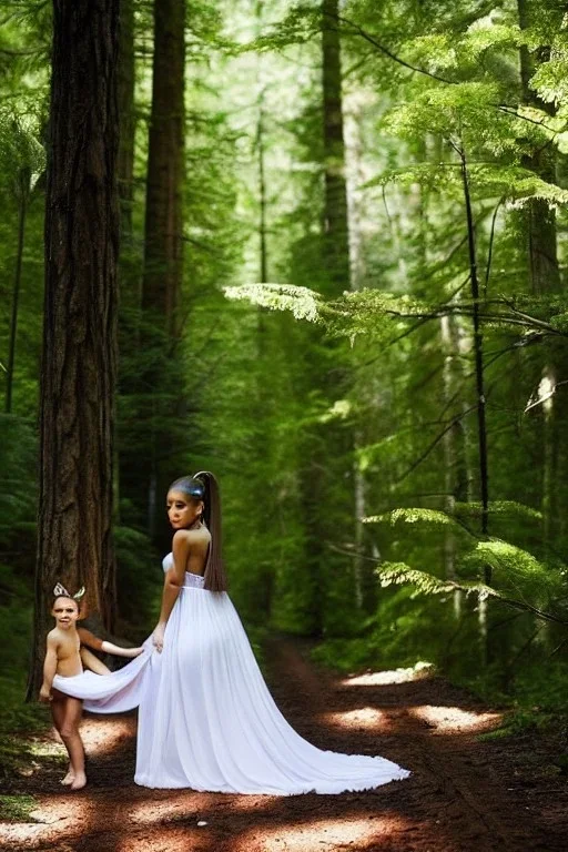 Ariana Grande as a forest nymph in the woods raising a baby deer as her own high quality