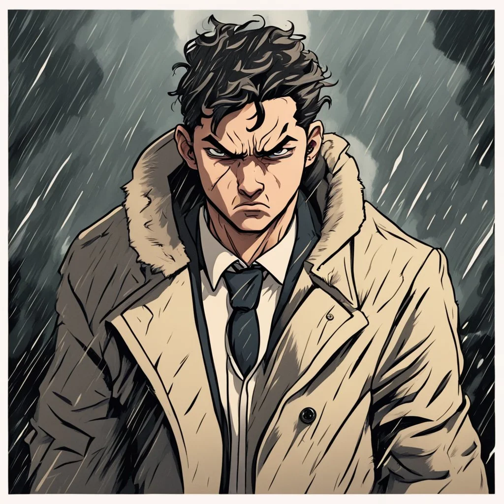 a closeup of an angry young man in a heavy coat during a rainstorm cartoon