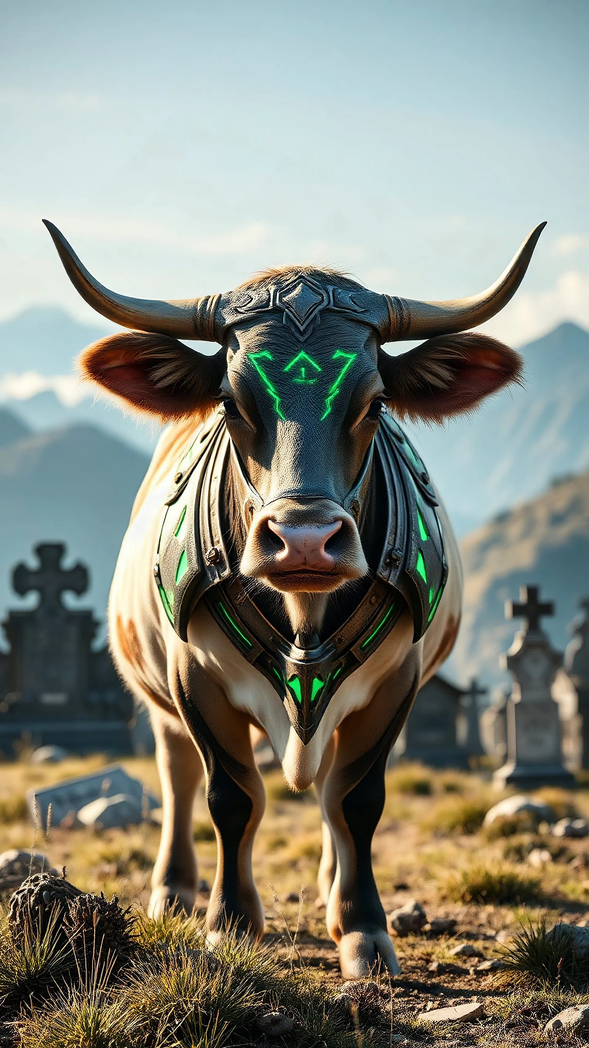 A cow with armor and streaks of green light on its armor, it's daytime and in a cemetery on a mountain.