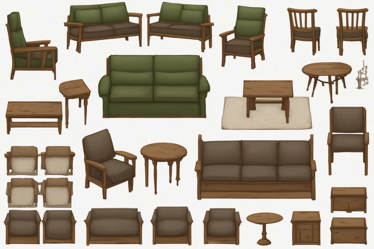 Sprite sheet, furniture, architectural plan, couch, table, chair, top view, dilapidated, post apocalypse,