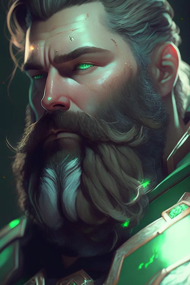 photorealistic white male bearded handsome, hyperdetailed painting, luminism, Bar lighting, complex, dark green miltary armor, 4k resolution concept art, Artgerm, WLOP, Alphonse Mucha, 3d render, octane render, intricately detailed, cinematic, awesome full color, hand drawn, dark, gritty, cinematic