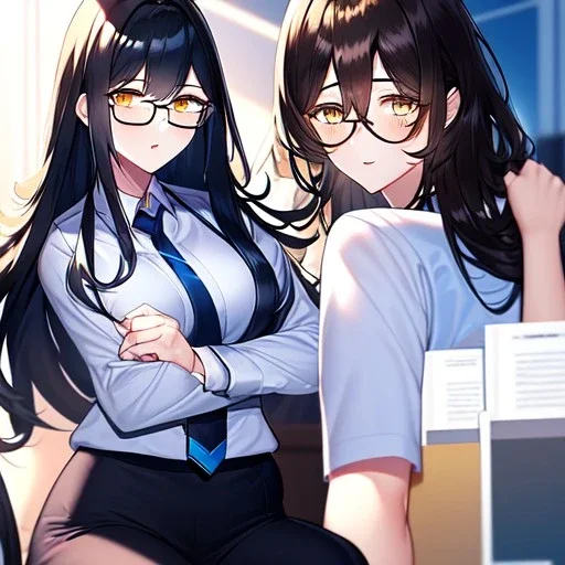 Clear focus, 8k, high quality, detailed, beautiful lighting, girl, vibrant colors, black long hair, vibrant golden eyes, office clothes, glasses, messy hair, sitting down, stretching,