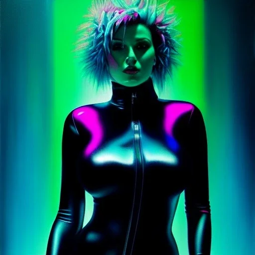 portrait oil on canvas, beautiful punk busty female Cyborg, looking to viewer, sad green eyes, post-apocalyptic in a cyberpunk city,minimal skintight suit, blade runner, comic book cover, mystical colors, neon, insanely detailed,realistic,intrincate detail, 16k resolution, masterpiece, Adam hughes