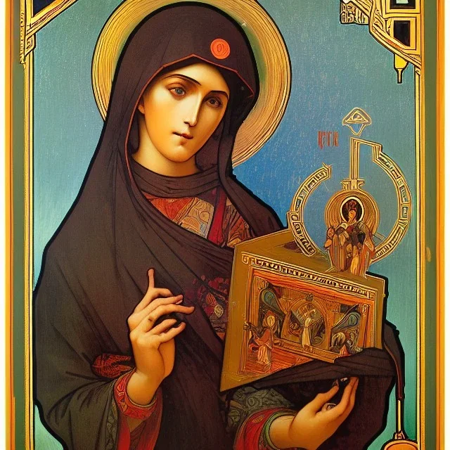 patron of photographers holding a camera in one hand and film roll in the other. orthodox icon with saint photographer. Cyrillic inscriptions. hyperdetailed, Alphonse Mucha, Zdzisław Beksiński, poster, illustration, ink, oil on canvas, 18th century atlas